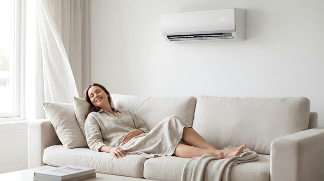 Peaceful young woman relaxing on a comfortable sofa in a cool domestic interior, enjoying refreshing air conditioning while resting with closed eyes in a serene home environment during summer.