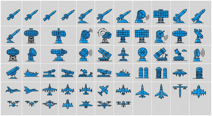 Obraz premium Collection of various military weapons and aircrafts in a grid pattern for design.