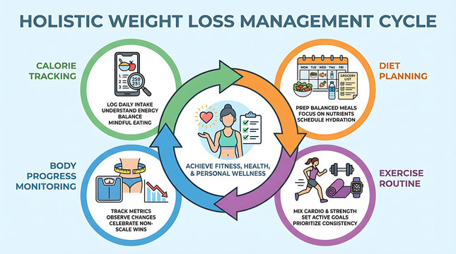 Comprehensive weight loss management infographic illustration depicting calorie tracking, nutritious diet planning, physical exercise routine, and body progress measurement for wellness.