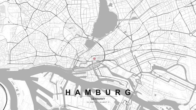 Detailed city map of Hamburg, Germany showing dense street network, river layout, and urban blocks with a red location pin in a clean monochrome style.