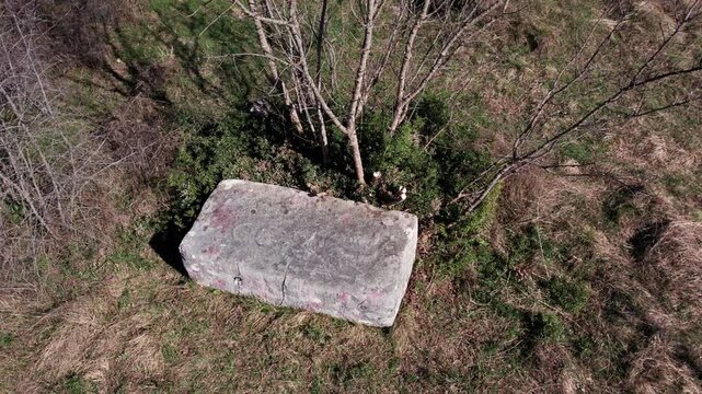Drone top view of a single medieval stecak tombstone in Herzegovina surrounded by dry grass and vegetation, highlighting historic burial heritage.