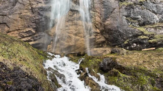 Ground-level shot starting from full Skakavac waterfall and tilting down to lower cascade near Sarajevo, Bosnia and Herzegovina.