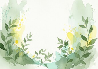 Fototapeta premium Watercolor floral border with green leaves and yellow splatters on white background