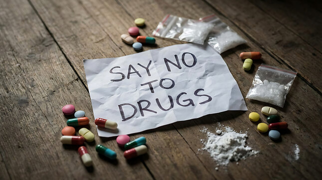 Handwritten prohibition note against drug usage placed among scattered narcotic powder and pharmaceutical pills depicting substance abuse prevention and addiction danger on floor