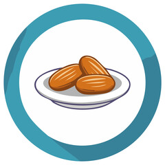 Obraz premium Cartoon-style almonds on a plate within a teal circle, food illustration