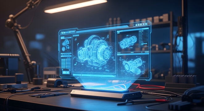 Futuristic Engineering Workshop Showcasing Detailed Holographic 3D Blueprint of a Complex Mechanical Component on an Interactive Display for Advanced Design and Innovation