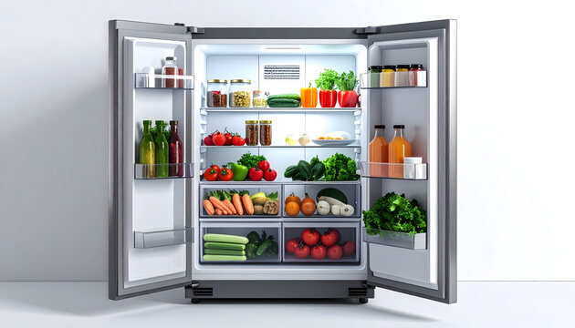 
A fresh, open refrigerator inside a domestic kitchen displays shelves full of healthy food, nutritious vegetables, and fruit for a clean diet