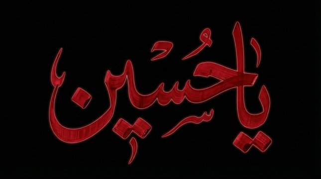 Hussain arabic calligraphy red glowing typography on dark background symbolic muharram remembrance design for islamic religious poster banner and cultural awareness use