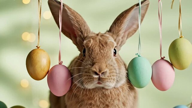 Cute brown bunny amidst hanging pastel Easter eggs on a bright spring background with bokeh lights, perfect for seasonal greetings, holiday promotions, and sweet animal themes for kids.