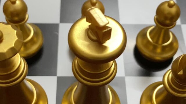 Golden chess pieces arranged on chessboard ready for play - close up shot.