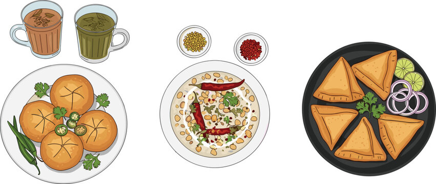 Flat vector Indian street food set featuring samosa chaat pav bread tea and spices traditional cuisine illustration isolated on light background