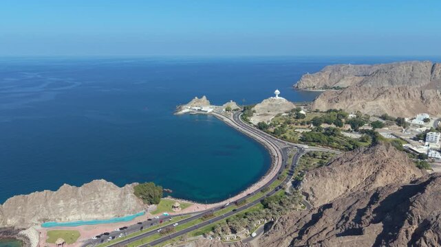 Drone Flight Over Mutrah Corniche Promenade and Harbor, Oman