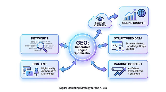 Visual diagram of generative engine optimization GEO representing structured data keyword and content flow for digital marketing search visibility ranking strategy and online growth analytics