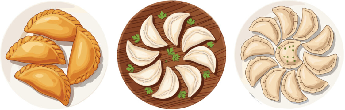 Flat vector dumpling platter collection featuring fried empanadas and steamed gyoza arranged on plates Asian cuisine food illustration isolated