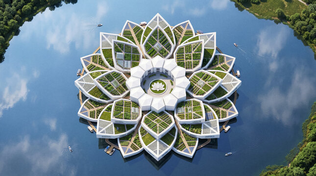 Geometric lotus grid of modular ocean farm from above