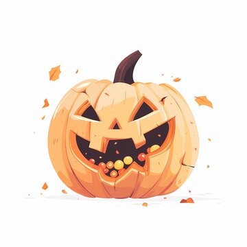 Smashed pumpkin with scattered seeds and autumn leaves in a simple flat style on a light background Generative AI