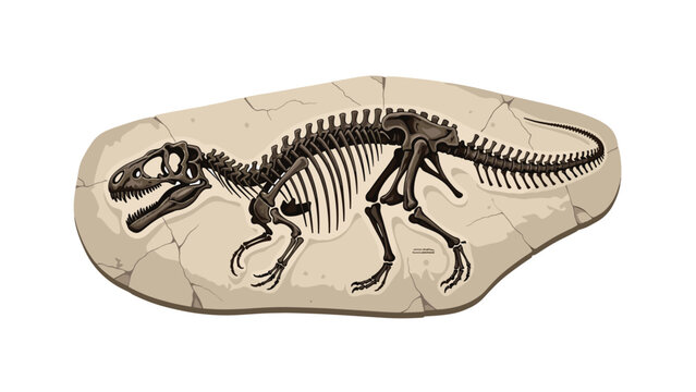 Detailed dinosaur skeleton fossil embedded in a large light colored stone slab depicted against a white background.