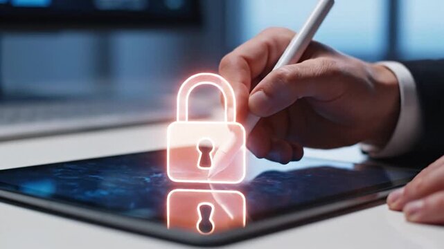 Professional securing confidential business data using a digital tablet and stylus. Emphasizing cybersecurity, data protection, fraud prevention, and system integrity in a modern office environment...