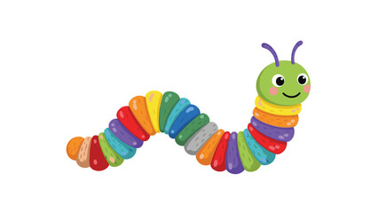 Obraz premium Happy cartoon caterpillar with a long body composed of many colorful rainbow segments crawling on a clean white background surface.