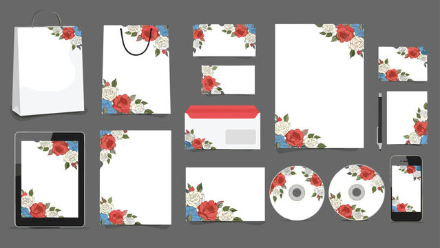 Corporate identity branding set with elegant rose flower patterns on various stationery items for business use.