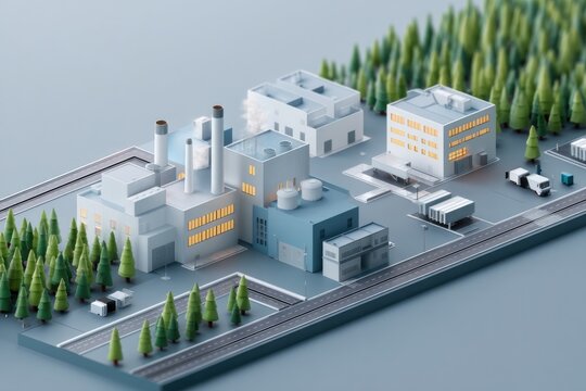 Industrial landscape featuring modern factories surrounded by lu