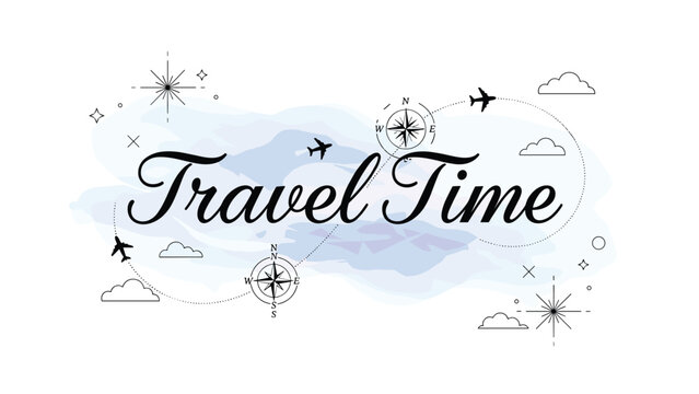 Creative travel time concept featuring elegant typography surrounded by airplanes, flight paths, clouds, and compass elements on a soft blue background.