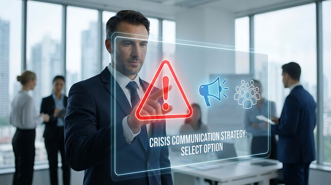 Professional executive choosing digital crisis communication strategy via interactive virtual interface with alert megaphone icon and human resource symbols in modern corporate office setting