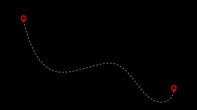 A winding route depicted with a dashed white line and red markers