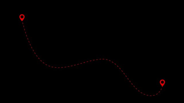 A red dashed line connecting two location pins on a black background