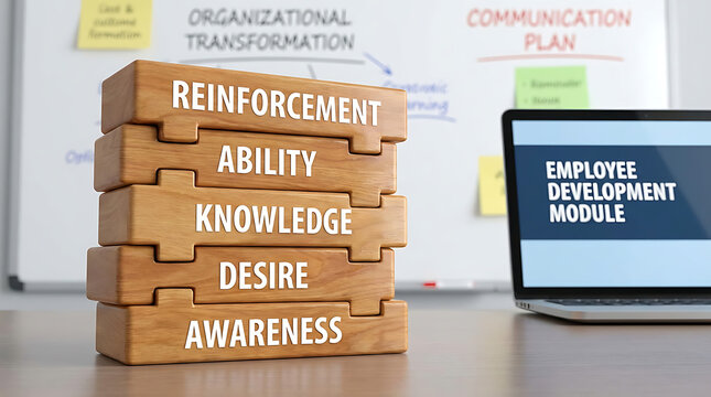 ADKAR model blocks representing awareness, desire, knowledge, ability, and reinforcement phases in corporate change management, organizational strategy, and professional employee development.