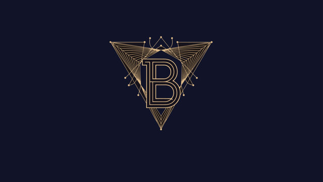 Modern and geometric logo design featuring the letter B inside a delicate triangular frame made of thin golden lines on a dark blue background.