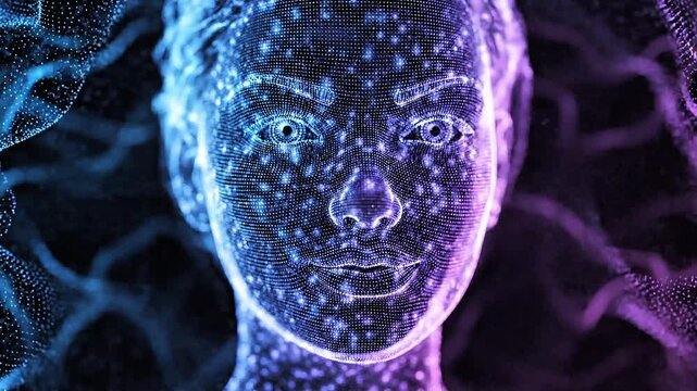 Colorful AI Hologram Face Futuristic Technology Background