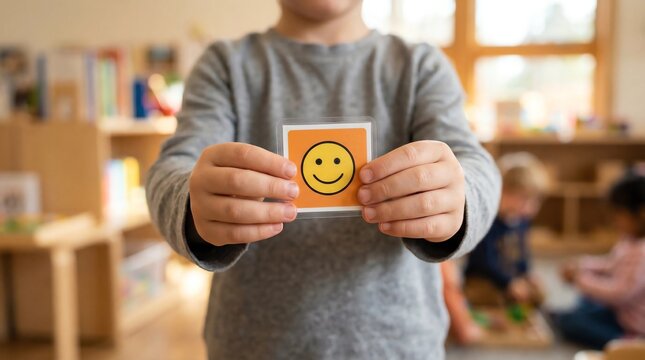 Child hands holding picture exchange communication card autism PECS classroom