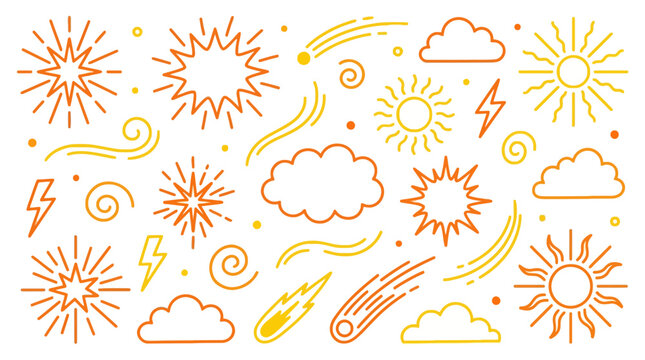 Whimsical orange doodle weather icons set featuring suns, clouds, lightning, meteors, rain and wind patterns for playful design projects.