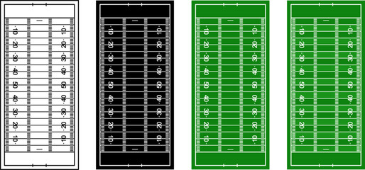 American football field vector set in outline, silhouette, and fill colors. Top view stadium layout with detailed yard lines, perfect for sports design, backgrounds, and templates. © Slamet