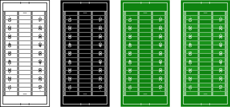 American football field vector set in outline, silhouette, and fill colors. Top view stadium layout with detailed yard lines, perfect for sports design, backgrounds, and templates.