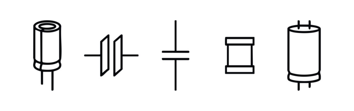 Electronic Capacitor Symbols Set. Minimalist Line Art Icons for Electrical Engineering Schematic Design.