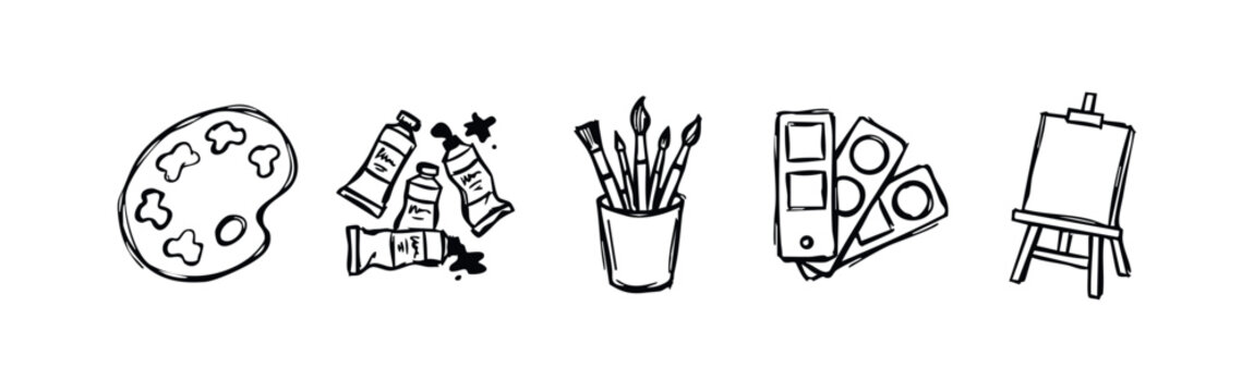 Fine Art and Painting Hand Drawn Sketch Icons - Palette, Paint Tubes, Brushes, Color Swatches, and Canvas Easel