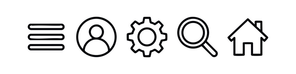 Obraz premium Modern Outline Web Menu Icon Set Hamburger Profile Settings Search and Home