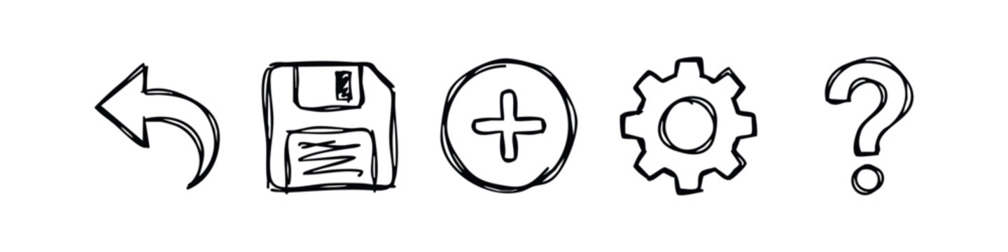 Sketched interface icons set featuring back arrow floppy disk gear and question mark