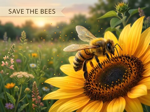 Save the Bees A Majestic Bee Collecting Nectar from a Vibrant Sunflower in a Meadow