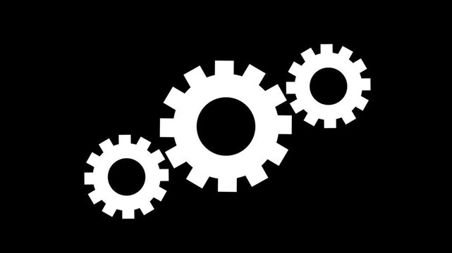 Three white gears arranged against a solid black background