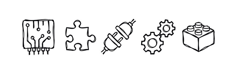 Hand Drawn Technology and Connection Icons Doodle Circuit Puzzle Plug Gears Block © liubomir118809