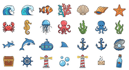 Cute cartoon ocean and marine life icons collection © Doni