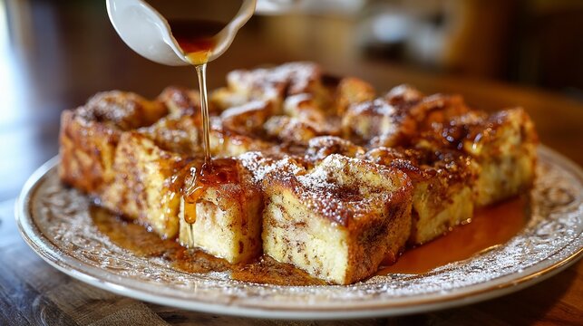 Delicious Bread Pudding Being Drizzled with Syrup and Sugar