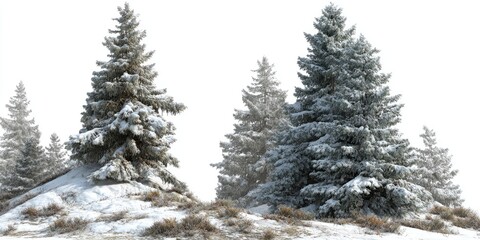 Obraz premium Evergreen trees blanketed in snow on a winter hillside, isolated on white background