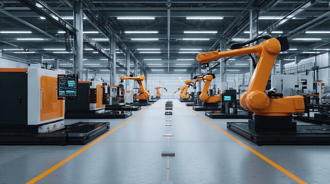 Modern automated factory floor with orange industrial robotic arms and machinery in a spacious warehouse setting with bright overhead lighting