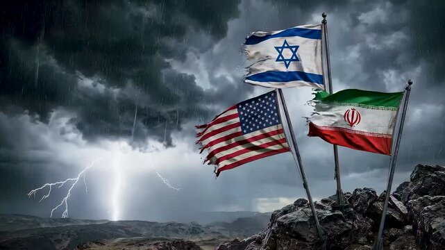 Torn national flag of Israel America and Iran on dark rocky mountain during severe thunderstorm with rain and lightning strike representing international military conflict and political crisis