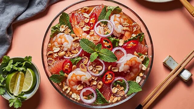 Vibrant Thai shrimp and pomelo salad (Yum Som-O) with fresh mint, red onion, chili, and peanuts. A healthy and delicious Asian appetizer, perfect for gourmet dining and culinary experiences.