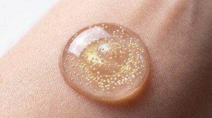 Fototapeta premium Transparent cosmetic gel droplet with tiny gold particles on human skin, highlighting texture.
